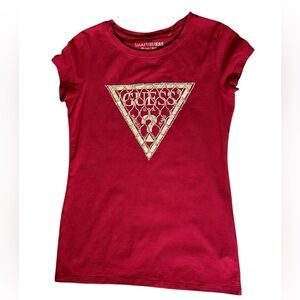Guess women's logo top or t-shirt short sleeves dark red bling crystals size S